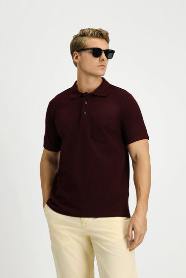 Koyu Bordo Slim Fit Dar Kesim Pamuk Cepli Polo Yaka Tişört