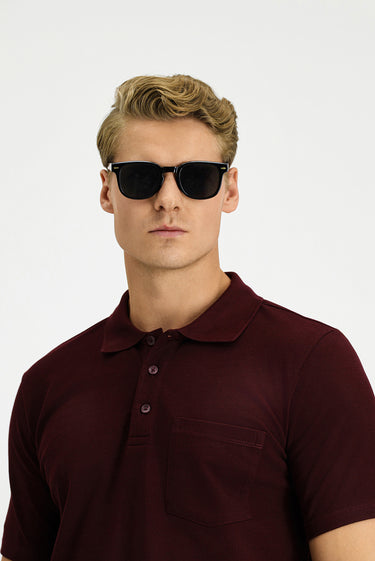 Koyu Bordo Slim Fit Dar Kesim Pamuk Cepli Polo Yaka Tişört