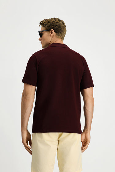 Koyu Bordo Slim Fit Dar Kesim Pamuk Cepli Polo Yaka Tişört