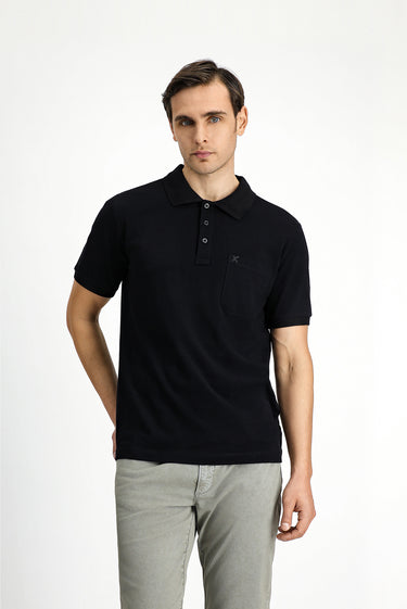 Siyah Regular Fit Pamuk Nakışlı Cepli Kıvrılmaz Polo Yaka Tişört