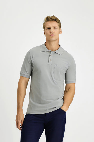 Orta Gri Regular Fit Pamuk Nakışlı Cepli Kıvrılmaz Polo Yaka Tişört