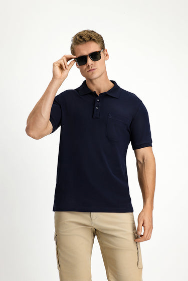 Koyu Lacivert Regular Fit Pamuk Nakışlı Cepli Kıvrılmaz Polo Yaka Tişört