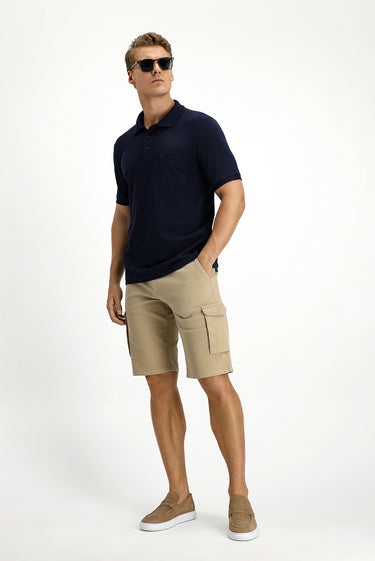 Koyu Lacivert Regular Fit Pamuk Nakışlı Cepli Kıvrılmaz Polo Yaka Tişört