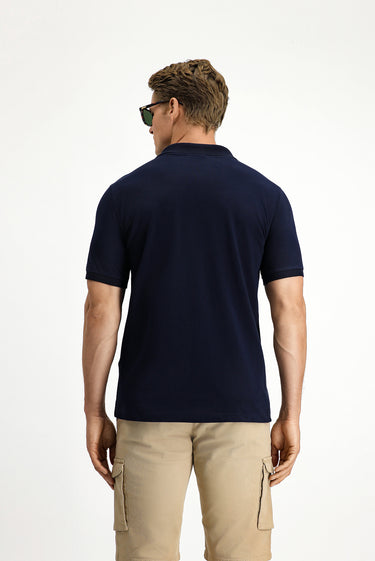 Koyu Lacivert Regular Fit Pamuk Nakışlı Cepli Kıvrılmaz Polo Yaka Tişört