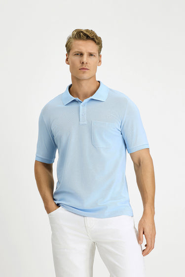 Açık Mavi Regular Fit Pamuk Nakışlı Cepli Kıvrılmaz Polo Yaka Tişört
