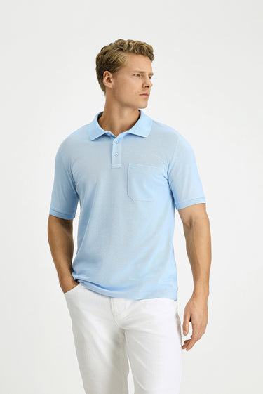 Açık Mavi Regular Fit Pamuk Nakışlı Cepli Kıvrılmaz Polo Yaka Tişört