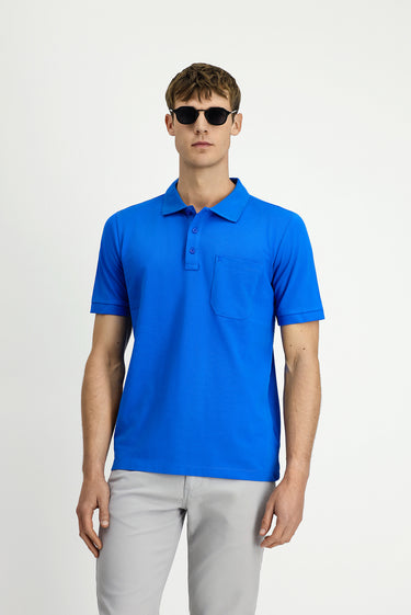 Saks Mavi Regular Fit Pamuk Nakışlı Cepli Kıvrılmaz Polo Yaka Tişört