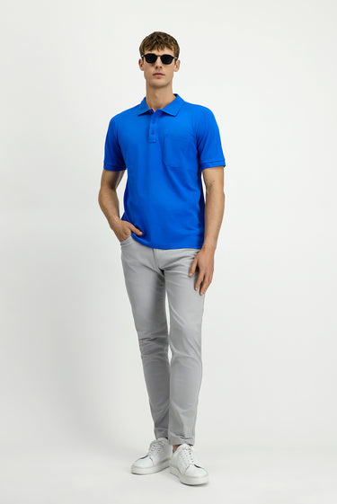 Saks Mavi Regular Fit Pamuk Nakışlı Cepli Kıvrılmaz Polo Yaka Tişört