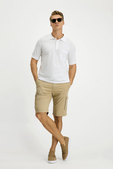 Beyaz Regular Fit Pamuk Nakışlı Cepli Kıvrılmaz Polo Yaka Tişört