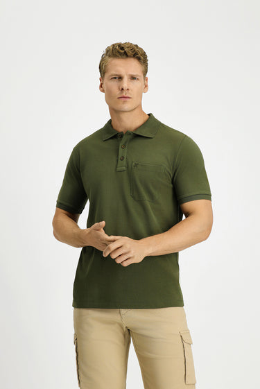 Orta Haki Regular Fit Pamuk Nakışlı Cepli Kıvrılmaz Polo Yaka Tişört