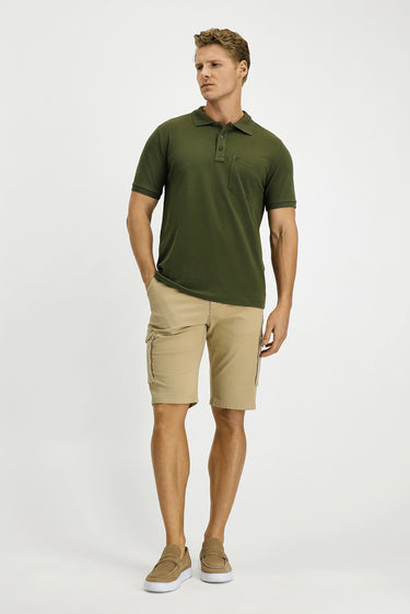 Orta Haki Regular Fit Pamuk Nakışlı Cepli Kıvrılmaz Polo Yaka Tişört