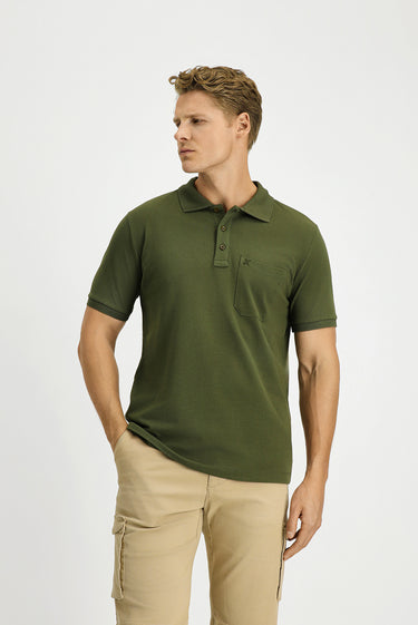 Orta Haki Regular Fit Pamuk Nakışlı Cepli Kıvrılmaz Polo Yaka Tişört