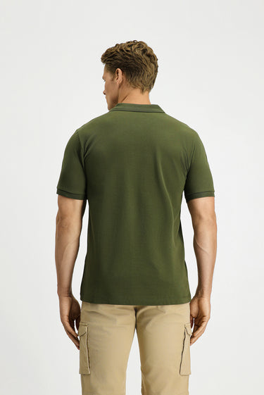 Orta Haki Regular Fit Pamuk Nakışlı Cepli Kıvrılmaz Polo Yaka Tişört