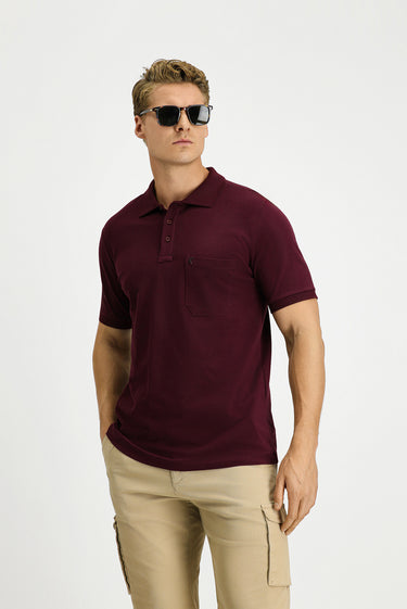 Koyu Bordo Regular Fit Pamuk Nakışlı Cepli Kıvrılmaz Polo Yaka Tişört