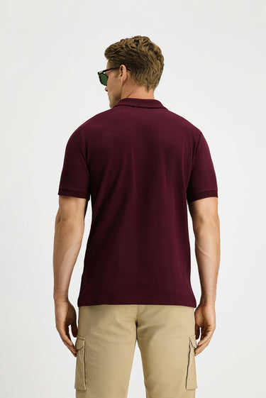 Koyu Bordo Regular Fit Pamuk Nakışlı Cepli Kıvrılmaz Polo Yaka Tişört