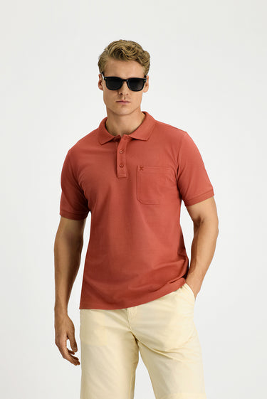 Kiremit Regular Fit Pamuk Nakışlı Cepli Kıvrılmaz Polo Yaka Tişört