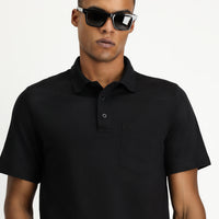 Siyah Regular Fit Pamuklu Nakışlı Cepli Polo Yaka Tişört