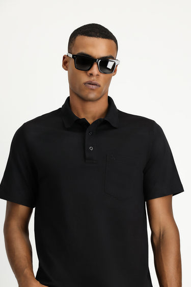 Siyah Regular Fit Pamuklu Nakışlı Cepli Polo Yaka Tişört