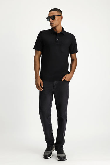 Siyah Regular Fit Pamuklu Nakışlı Cepli Polo Yaka Tişört