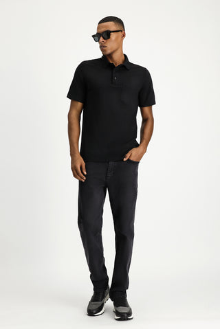 Siyah Regular Fit Pamuklu Nakışlı Cepli Polo Yaka Tişört