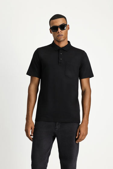 Siyah Regular Fit Pamuklu Nakışlı Cepli Polo Yaka Tişört
