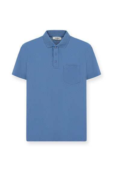 Havacı Mavi Regular Fit Pamuklu Nakışlı Cepli Polo Yaka Tişört
