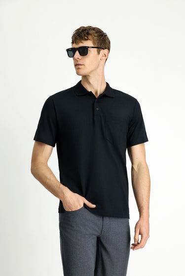 Siyah Regular Fit Pamuklu Nakışlı Cepli Polo Yaka Tişört