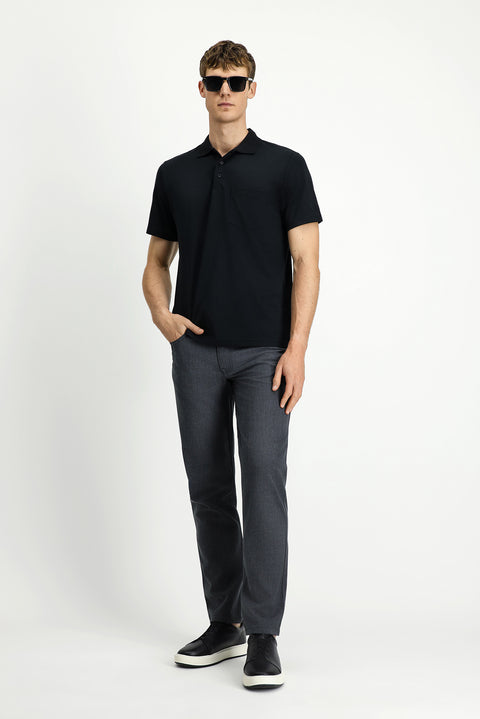 Siyah Regular Fit Pamuklu Nakışlı Cepli Polo Yaka Tişört