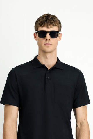 Siyah Regular Fit Pamuklu Nakışlı Cepli Polo Yaka Tişört