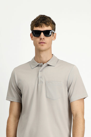 Orta Gri Regular Fit Pamuklu Nakışlı Cepli Polo Yaka Tişört