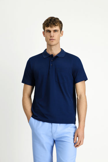 Orta Lacivert Regular Fit Pamuklu Nakışlı Cepli Polo Yaka Tişört