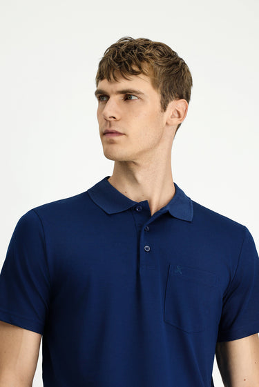 Orta Lacivert Regular Fit Pamuklu Nakışlı Cepli Polo Yaka Tişört