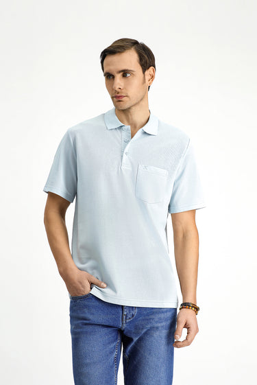 Açık Mavi Regular Fit Pamuklu Nakışlı Cepli Polo Yaka Tişört