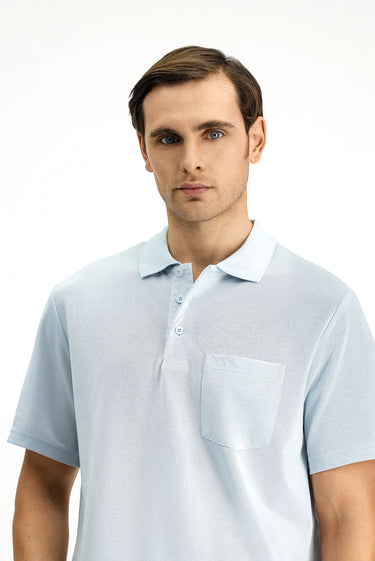 Açık Mavi Regular Fit Pamuklu Nakışlı Cepli Polo Yaka Tişört