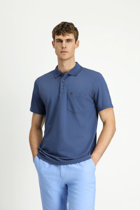 Indigo Regular Fit Cotton Embroidered Pocket Polo Shirt