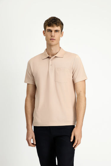 Orta Bej Regular Fit Pamuklu Nakışlı Cepli Polo Yaka Tişört