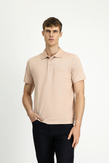 Orta Bej Regular Fit Pamuklu Nakışlı Cepli Polo Yaka Tişört