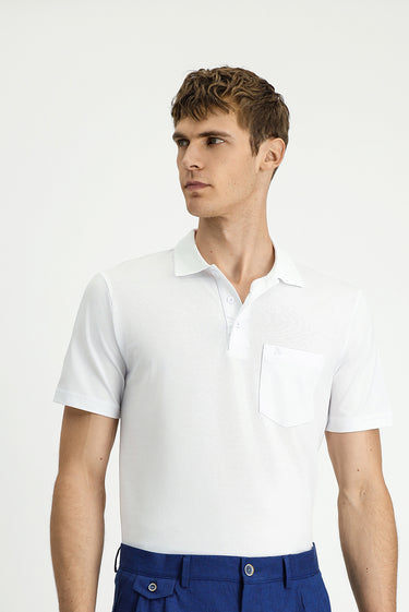 Beyaz Regular Fit Pamuklu Nakışlı Cepli Polo Yaka Tişört