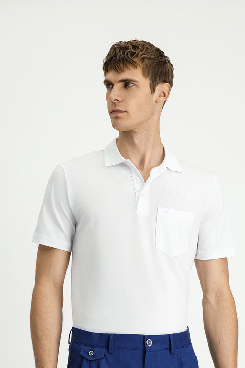 Beyaz Regular Fit Pamuklu Nakışlı Cepli Polo Yaka Tişört