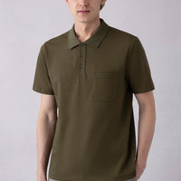 Medium Khaki Regular Fit Cotton Embroidered Pocket Polo T-Shirt
