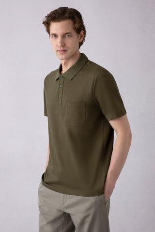 Orta Haki Regular Fit Pamuklu Nakışlı Cepli Polo Yaka Tişört