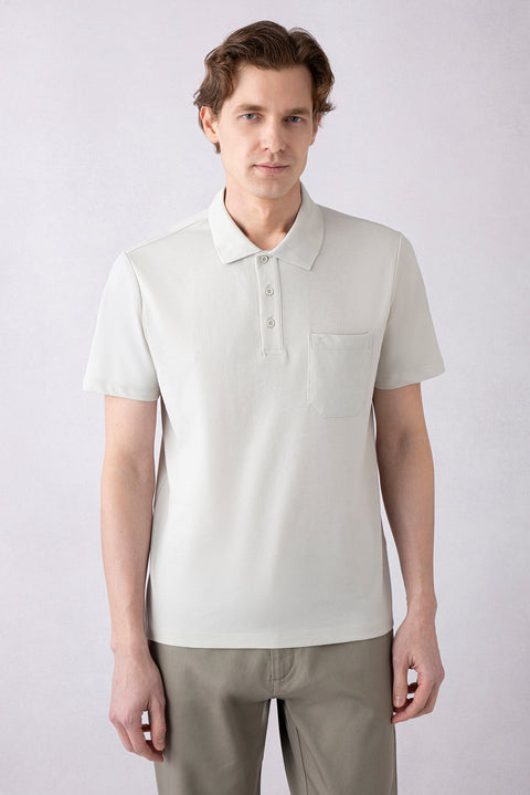 Stone Regular Fit Cotton Embroidered Pocket Polo Neck T-Shirt