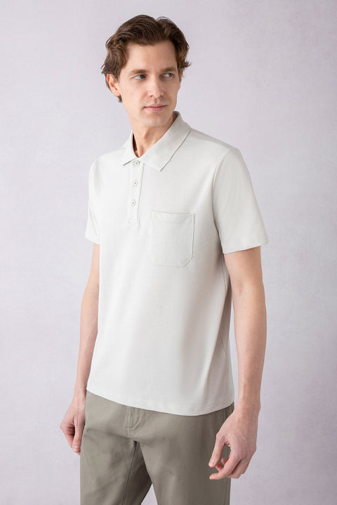 Stone Regular Fit Cotton Embroidered Pocket Polo Neck T-Shirt