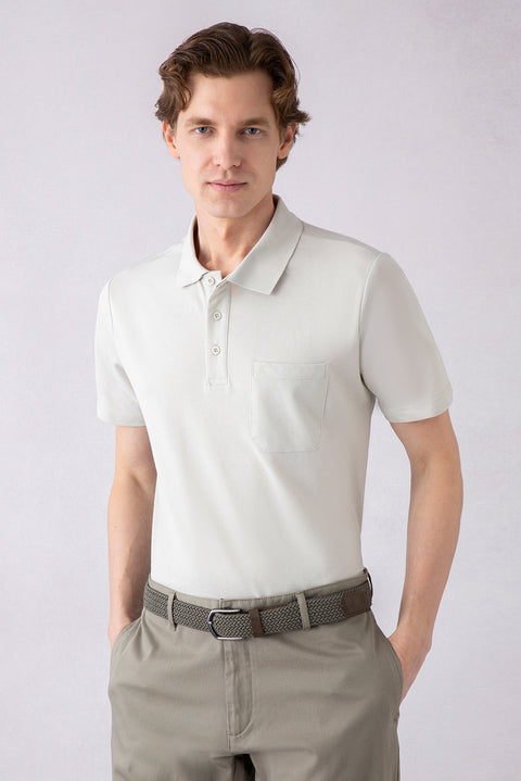 Stone Regular Fit Cotton Embroidered Pocket Polo Neck T-Shirt