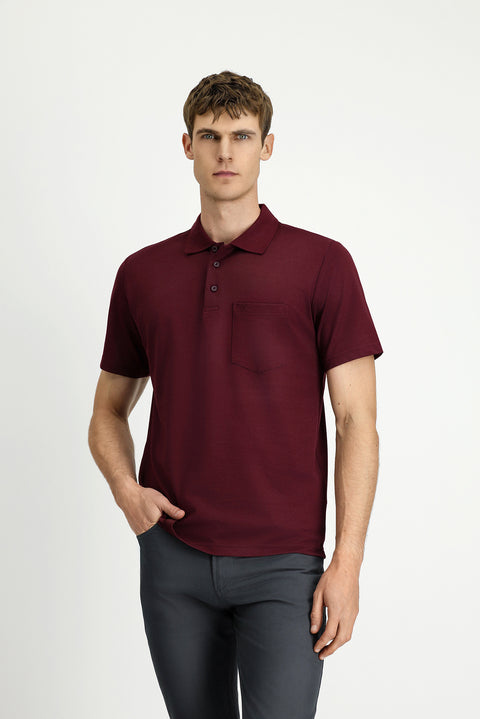 Koyu Bordo Regular Fit Pamuklu Nakışlı Cepli Polo Yaka Tişört