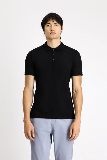 Siyah Slim Fit Dar Kesim Pamuk Polo Yaka Tişört