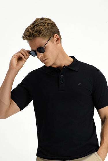 Siyah Slim Fit Dar Kesim Pamuk Kıvrılmaz Polo Yaka Tişört