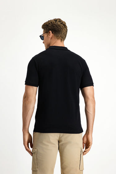 Siyah Slim Fit Dar Kesim Pamuk Kıvrılmaz Polo Yaka Tişört