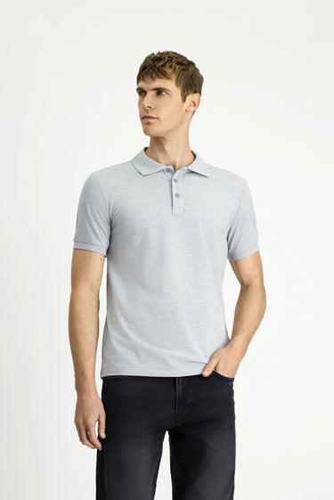 Açık Gri Melanj Slim Fit Dar Kesim Pamuk Kıvrılmaz Polo Yaka Tişört