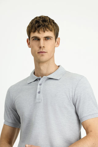Açık Gri Melanj Slim Fit Dar Kesim Pamuk Kıvrılmaz Polo Yaka Tişört